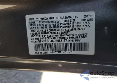 2013 Honda Odyssey Ex z USA, uszkodzony, nr VIN 5FNRL5H46DB088157